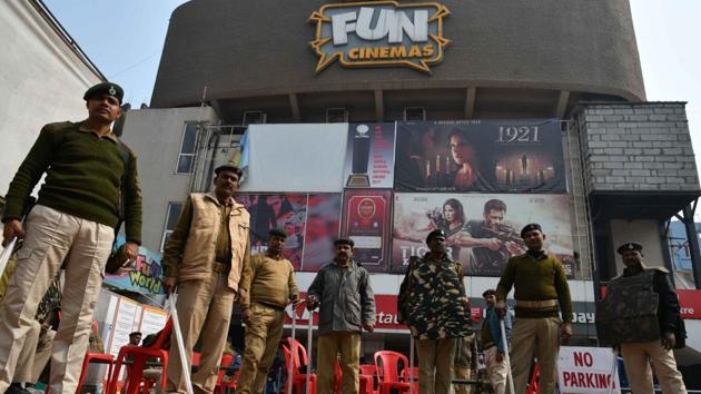 Security beefed up outside a cinema hall in Patna on Monday. Cinema halls began screening the Bollywood movie, Padmaavat, in the Bihar capital a day. (IANS Photo)