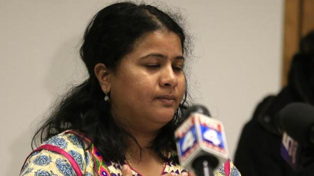 File photo of Sunayana Dumala talking about her late husband, Srinivas Kuchibhotla, at a news conference at the Garmin headquarters in Olathe, Kansas City, in February 2017. (AP) File photo of Sunayana Dumala talking about her late husband, Srinivas Kuchibhotla, at a news conference at the Garmin headquarters in Olathe, Kansas City, in February 2017. (AP)