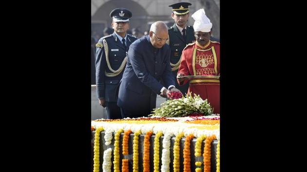 President Ram Nath Kovind pays homage to Mahatma Gandhi on his 70th death anniversary, also observed as Martyrs’ Day at Rajghat. (Arvind Yadav / HT Photo) President Ram Nath Kovind pays homage to Mahatma Gandhi on his 70th death anniversary, also observed as Martyrs’ Day at Rajghat. (Arvind Yadav / HT Photo)