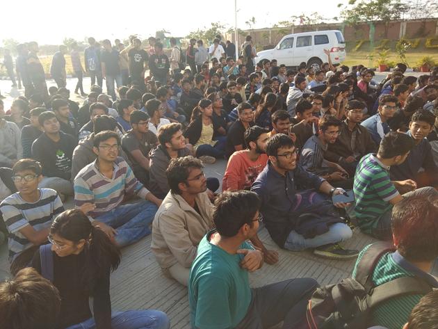 IIT Indore students staging dharna before the director’s office recently.(HT Photo)