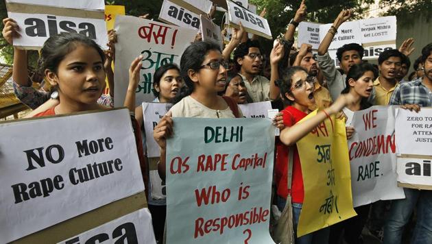 Members of the All India Students Association protest against crimes against women and children in Delhi. (HT FILE PHOTO) Members of the All India Students Association protest against crimes against women and children in Delhi. (HT FILE PHOTO)