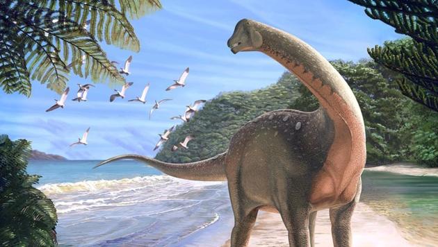 Artist's life reconstruction of the titanosaurian dinosaur Mansourasaurus shahinae on a coastline in what is now the Western Desert of Egypt approximately 80 million years ago is pictured in this undated handout image obtained by Reuters on January 29, 2018. (REUTERS) Artist's life reconstruction of the titanosaurian dinosaur Mansourasaurus shahinae on a coastline in what is now the Western Desert of Egypt approximately 80 million years ago is pictured in this undated handout image obtained by Reuters on January 29, 2018. (REUTERS)