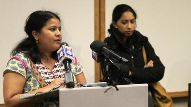 Sunayana Dumala, left, talks about her late husband, Srinivas Kuchibhotla, during a news conference at Garmin Headquarters in Olathe, Kan., Friday, Feb. 24, 2017. (AP File Photo) Sunayana Dumala, left, talks about her late husband, Srinivas Kuchibhotla, during a news conference at Garmin Headquarters in Olathe, Kan., Friday, Feb. 24, 2017. (AP File Photo)