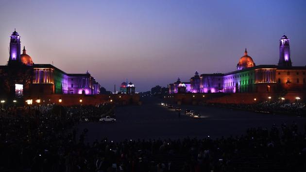 As buglers signalled the end of the ceremony, Raisina Hill complex broke into riot of lights dazzling the imposing Rashtrapati Bhawan, and the twin North Block and South Block –all bathed in a dynamic LED display. (Ajay Aggarwal / HT Photo) As buglers signalled the end of the ceremony, Raisina Hill complex broke into riot of lights dazzling the imposing Rashtrapati Bhawan, and the twin North Block and South Block –all bathed in a dynamic LED display. (Ajay Aggarwal / HT Photo)