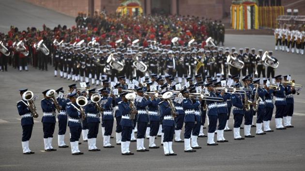 In all, 18 military bands, 15 pipes and drums bands from regimental centres and battalions participated in the ceremony. (Ajay Aggarwal / HT Photo) In all, 18 military bands, 15 pipes and drums bands from regimental centres and battalions participated in the ceremony. (Ajay Aggarwal / HT Photo)