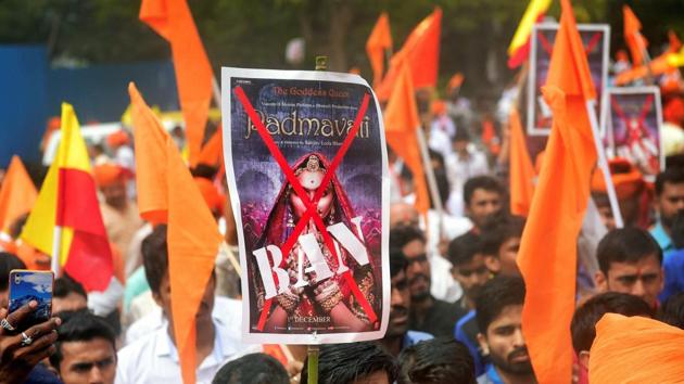 Members of the Rashtriya Rajput Karni Sena demand a ban on Padmaavat during a demonstration in Bengaluru. (PTI)