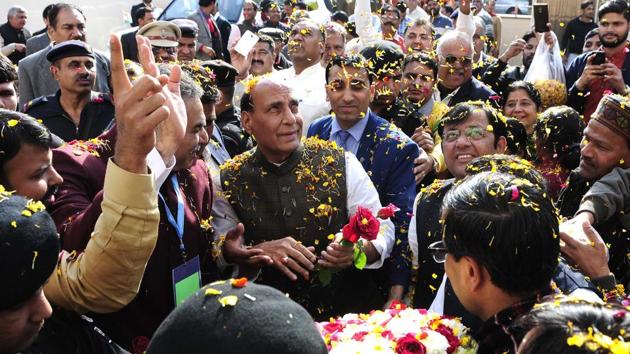 Home minister Rajnath Singh at Bharatiya Janata Party office in Chandigarh on Tuesday.(Keshav Singh/HT Photo) Home minister Rajnath Singh at Bharatiya Janata Party office in Chandigarh on Tuesday.(Keshav Singh/HT Photo)