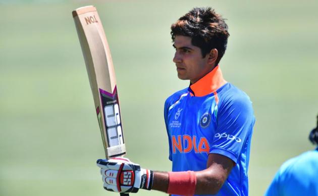 India's Shubman Gill celebrates his century during the ICC Under-19 Cricket World Cup semi-final against Pakistan at Hagley Oval in Christchurch on Tuesday.(AFP)