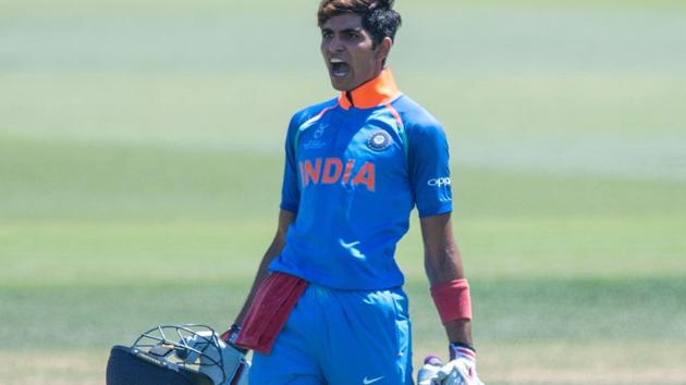 India U-19 cricket team's Shubman Gill celebrates his century during the ICC U-19 Cricket World Cup semi-final against Pakistan U-19 cricket team at Hagley Oval in Christchurch on Tuesday.(AFP)