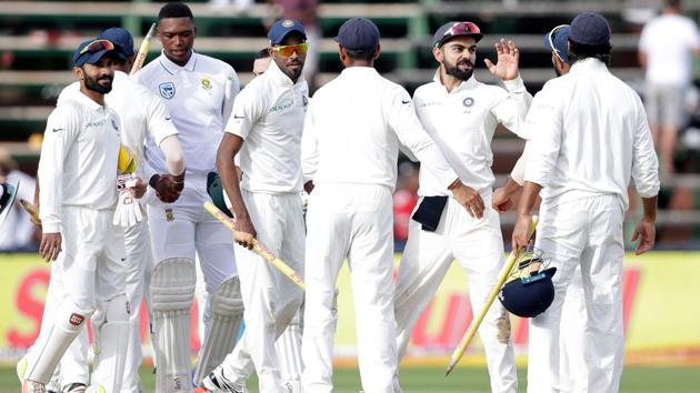 Indian cricket team players celebrate after winning third Test against South Africa at Wanderers in Johannesburg on January 27. (AFP) Indian cricket team players celebrate after winning third Test against South Africa at Wanderers in Johannesburg on January 27. (AFP)