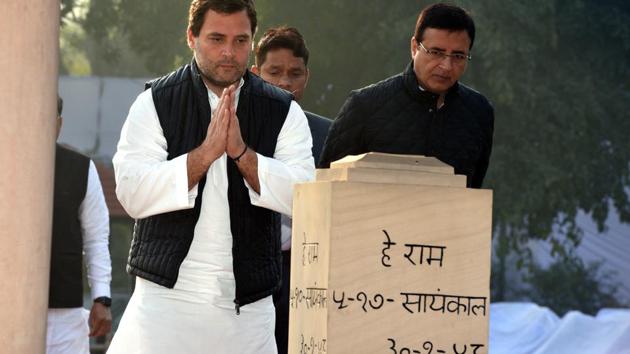 Congress president Rahul Gandhi arrives to pay homage to Mahatma Gandhi on his 70th death anniversary, also observed as Martyrs’ Day, at Gandhi Smriti, in New Delhi on Tuesday. (Arvind Yadav/HT Photo) Congress president Rahul Gandhi arrives to pay homage to Mahatma Gandhi on his 70th death anniversary, also observed as Martyrs’ Day, at Gandhi Smriti, in New Delhi on Tuesday. (Arvind Yadav/HT Photo)