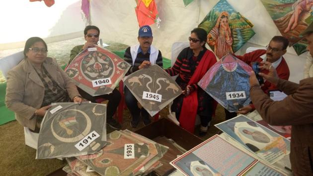 Old kites on display at Lucknow Mahotsav during the kite festival on Tuesday.(HT Photo)