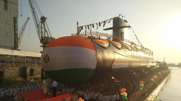 The third Scorpene class submarine, Karanj launched by shipbuilders, Mazagaon Dock Limited.(Pratik Chorge/HT Photo)