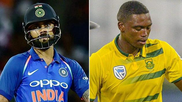 South Africa’s Lungi Ngidi, who dismissed Virat Kohli twice in the Test series, will look to get the better of the India captain (again) in the six-match ODI series, starting Thursday.(HT Photo)