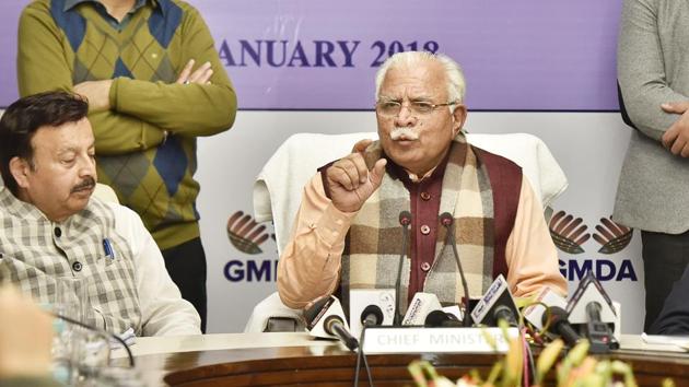 Haryana CM Manohar Lal Khattar addresses a press conference in Gurgaon following the first meeting of The Gurugram Metropolitan Development Authority on Wednesday. (Sanjeev Verma/HT PHOTO) Haryana CM Manohar Lal Khattar addresses a press conference in Gurgaon following the first meeting of The Gurugram Metropolitan Development Authority on Wednesday. (Sanjeev Verma/HT PHOTO)