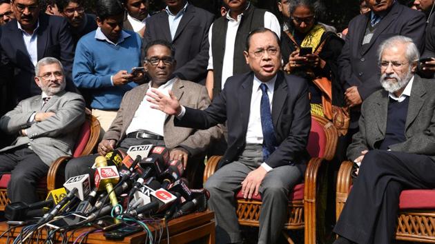 On January 12, in a press conference, Justices Chelameswar, Ranjan Gogoi, MB Lokur and Kurian Joseph publicly criticised the CJI for his style of administration and over the allocation of cases. (Arvind Yadav/HT PHOTO) On January 12, in a press conference, Justices Chelameswar, Ranjan Gogoi, MB Lokur and Kurian Joseph publicly criticised the CJI for his style of administration and over the allocation of cases. (Arvind Yadav/HT PHOTO)