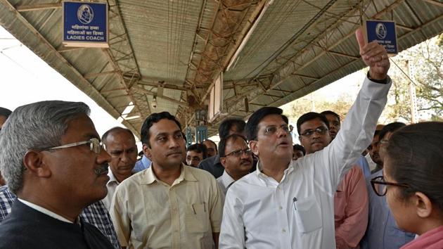 Railway minister Piyush Goyal at Parel station on Wednesday. (Satyabrata Tripathi/HT) Railway minister Piyush Goyal at Parel station on Wednesday. (Satyabrata Tripathi/HT)