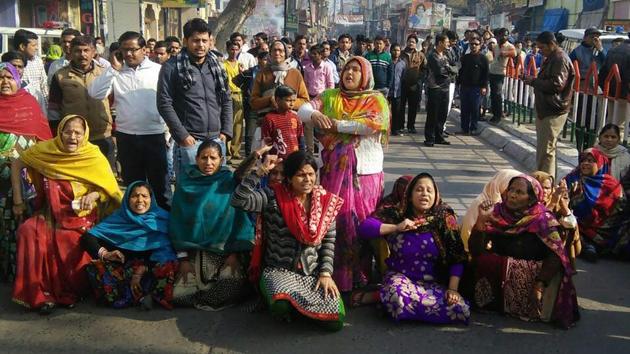 A protest against the death of local resident Abhishek Gupta in Kasganj on Tuesday. Gupta was shot dead in last week’s communal violence in the Uttar Pradesh town. (PTI) A protest against the death of local resident Abhishek Gupta in Kasganj on Tuesday. Gupta was shot dead in last week’s communal violence in the Uttar Pradesh town. (PTI)