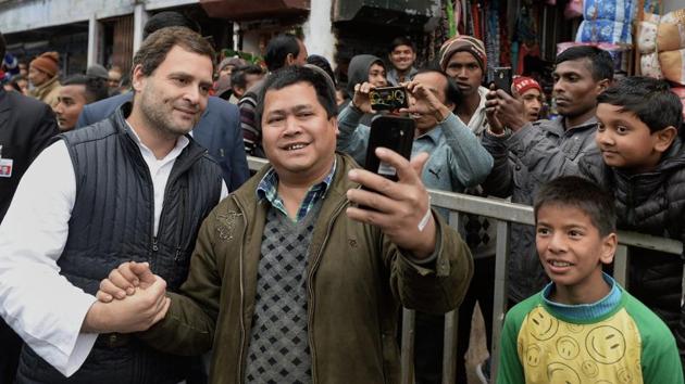 Congress president Rahul Gandhi poses for a selfie with a supporter during his visit to Jowai in West Jaintia Hills, Meghalaya, on Tuesday. (PTI) Congress president Rahul Gandhi poses for a selfie with a supporter during his visit to Jowai in West Jaintia Hills, Meghalaya, on Tuesday. (PTI)