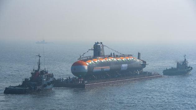 The third Scorpene-class submarine ‘Karanj’ was launched at Mazagon Dock on Wednesday. Karanj is the third of the six Scorpene-class submarines being built by shipbuilder Mazagon Dock Limited (MDL) under the P-75I project. (Pratik Chorge / HT Photo) The third Scorpene-class submarine ‘Karanj’ was launched at Mazagon Dock on Wednesday. Karanj is the third of the six Scorpene-class submarines being built by shipbuilder Mazagon Dock Limited (MDL) under the P-75I project. (Pratik Chorge / HT Photo)