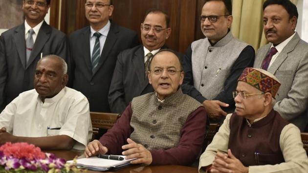 Finance minister Arun Jaitley and his team of officials at the finance ministry on Wednesday. (Sonu Mehta/HT Photo) Finance minister Arun Jaitley and his team of officials at the finance ministry on Wednesday. (Sonu Mehta/HT Photo)
