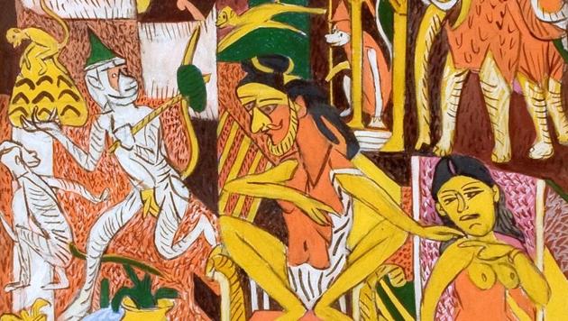 KG Subramanyan, Varanasi I, Gouche and acrylic on canvas, is on display as part of Mumbai Gallery Weekend 2018.(Courtesy: Art Musings)