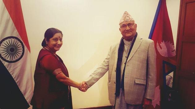 External affairs minister Sushma Swaraj with CPN-UML leader KP Sharma Oli, who is expected to be Nepal’s next prime minister, in Kathmandu on February 1, 2018. (HT Photo) External affairs minister Sushma Swaraj with CPN-UML leader KP Sharma Oli, who is expected to be Nepal’s next prime minister, in Kathmandu on February 1, 2018. (HT Photo)