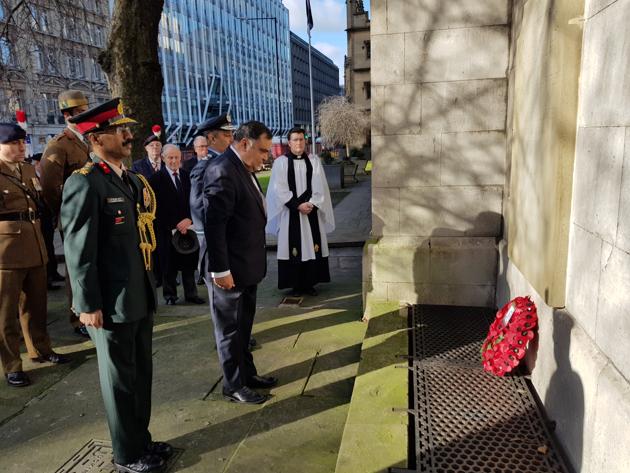 Indian high commissioner YK Sinha places a wreath at the memorial to British and Indian soldiers in St Sepulchre’s Church in London on February 1, 2018. (HT Photo) Indian high commissioner YK Sinha places a wreath at the memorial to British and Indian soldiers in St Sepulchre’s Church in London on February 1, 2018. (HT Photo)