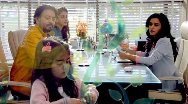 Irrfan, Saba Qamar and Tillotama Shome in a still from Hindi Medium.