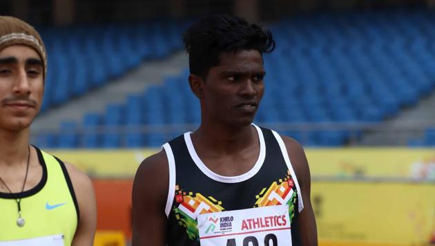Tamil Nadu’s C Praveen (489 bib) had to settle for silver in long jump at Khelo India School Games. (HT Photo) Tamil Nadu’s C Praveen (489 bib) had to settle for silver in long jump at Khelo India School Games. (HT Photo)