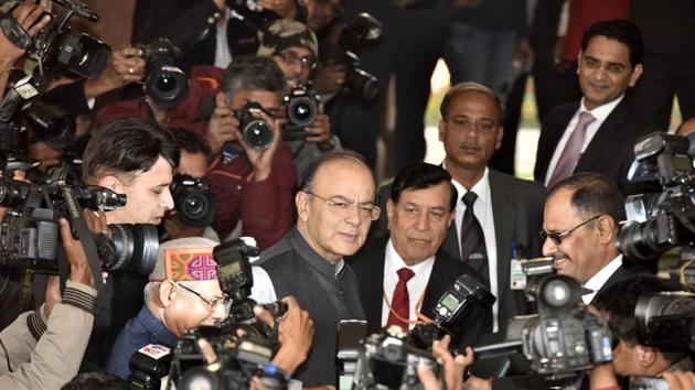 Finance minister Arun Jaitley speaks to the media as he enters to present the Union Budget, Parliament House, New Delhi. (Sonu Mehta/HT Photo) Finance minister Arun Jaitley speaks to the media as he enters to present the Union Budget, Parliament House, New Delhi. (Sonu Mehta/HT Photo)