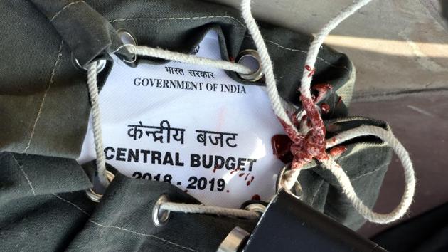 Bags containing the copies of the Union budget at Parliament House in New Delhi on Feb. 1, 2018