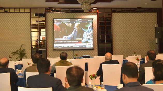 Businesspersons and industrialists in Jaipur watching the Union budget telecast on a news channel on Thursday. (HT Photo.) Businesspersons and industrialists in Jaipur watching the Union budget telecast on a news channel on Thursday. (HT Photo.)