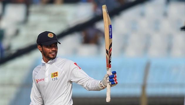 Sri Lanka cricketer Dhananjaya de Silva reacts after scoring his century during the second day of the first Test against Bangladesh at Zahur Ahmed Chowdhury Stadium in Chittagong on Thursday. (AFP) Sri Lanka cricketer Dhananjaya de Silva reacts after scoring his century during the second day of the first Test against Bangladesh at Zahur Ahmed Chowdhury Stadium in Chittagong on Thursday. (AFP)