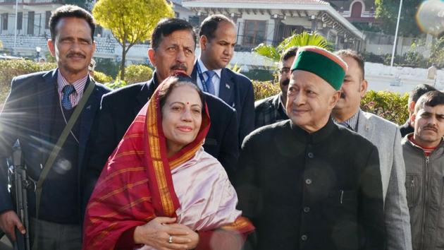Former Himachal Pradesh chief minister Virbhadra Singh (R) and his wife have been named as accused in a disproportionate assets case in the supplementary charge sheet filed by the Enforcement Directorate (ED) in Delhi’s Patiala House court on Thursday. (Shyam Sharma / HT Photo) Former Himachal Pradesh chief minister Virbhadra Singh (R) and his wife have been named as accused in a disproportionate assets case in the supplementary charge sheet filed by the Enforcement Directorate (ED) in Delhi’s Patiala House court on Thursday. (Shyam Sharma / HT Photo)