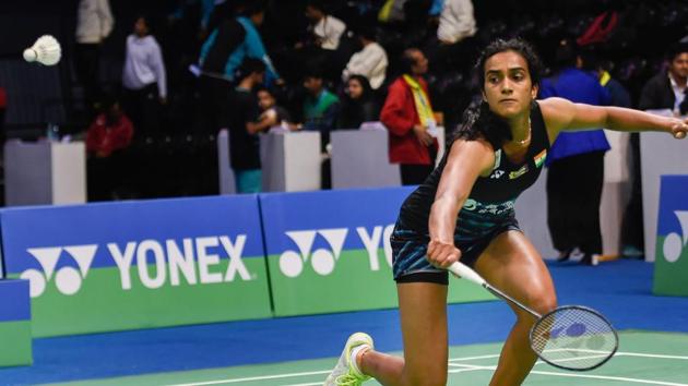 P V Sindhu in action against Bulgaria's Linda Zetchiri in the women's singles match at the India Open badminton tournament in New Delhi on Thursday.(PTI)