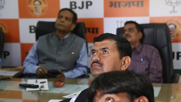 Office bearers and party workers watch news at Rajasthan BJP office . (Himanshu Vyas/ HT Photo) Office bearers and party workers watch news at Rajasthan BJP office . (Himanshu Vyas/ HT Photo)
