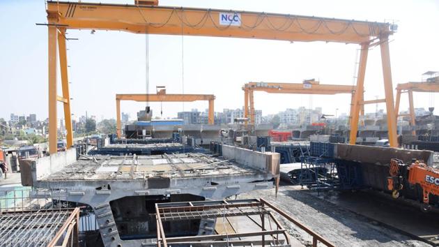 The ongoing Pune Metro work between Dapodi and Pimpri. (HT PHOTO) The ongoing Pune Metro work between Dapodi and Pimpri. (HT PHOTO)