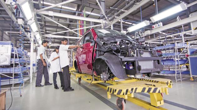 An assembly line at a vehicle manufacturing plant.(Mint File Photo)