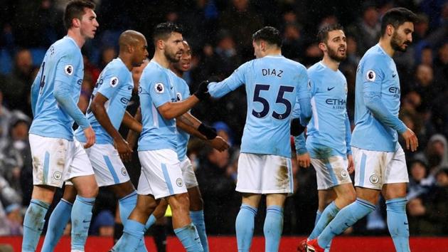 Manchester City's Sergio Aguero celebrates with team mates after scoring their third goal vs West Bromwich Albion in their Premier League fixture at the Etihad Stadium on January 31, 2018.(Action Images via Reuters)