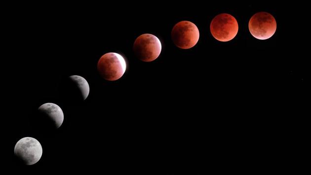 This composite image shows the moon during a lunar eclipse referred to as the “super blue blood moon” in Tokyo. NASA called it a lunar trifecta: the first super blue blood moon since 1982. That combination won’t happen again until 2037. (Kazuhiro Nogi / AFP) This composite image shows the moon during a lunar eclipse referred to as the “super blue blood moon” in Tokyo. NASA called it a lunar trifecta: the first super blue blood moon since 1982. That combination won’t happen again until 2037. (Kazuhiro Nogi / AFP)