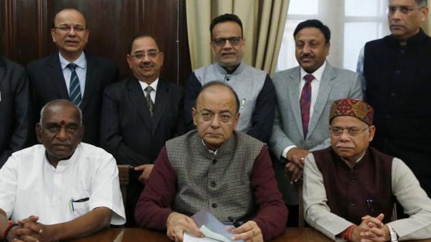 Finance minister Arun Jaitley (centre) after giving the final touches to the 2018-19 federal budget in New Delhi, on January 31, 2018. (Reuters) Finance minister Arun Jaitley (centre) after giving the final touches to the 2018-19 federal budget in New Delhi, on January 31, 2018. (Reuters)