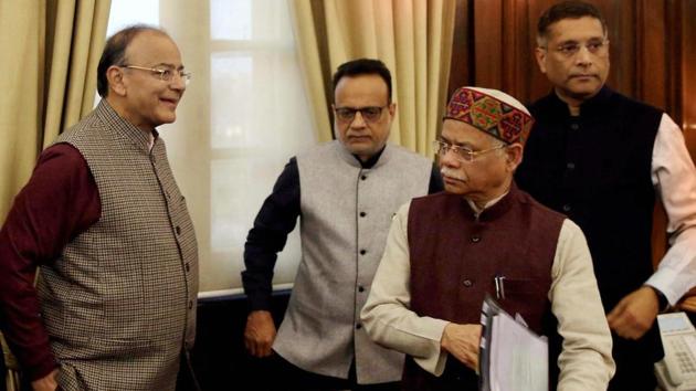 Union finance minister Arun Jaitley along with his team of officials after finalising the Union Budget 2018-19 at his office, in New Delhi on Wednesday. (PTI) Union finance minister Arun Jaitley along with his team of officials after finalising the Union Budget 2018-19 at his office, in New Delhi on Wednesday. (PTI)