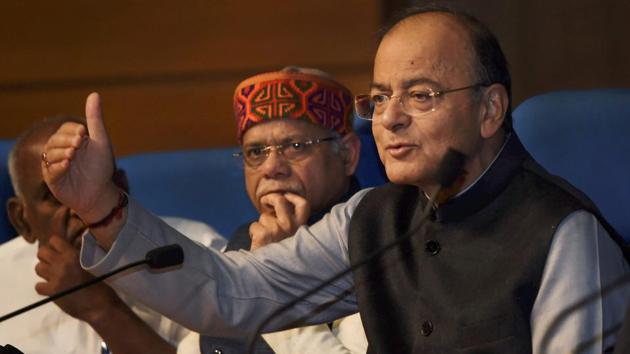 Union minister for finance and corporate affairs Arun Jaitley with the minister of state for finance Shiv Pratap Shukla addresses a press conference after Union Budget 2018-19 presentation, in New Delhi on Thursday. (PTI Photo) Union minister for finance and corporate affairs Arun Jaitley with the minister of state for finance Shiv Pratap Shukla addresses a press conference after Union Budget 2018-19 presentation, in New Delhi on Thursday. (PTI Photo)