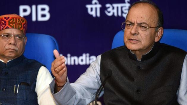 Finance minister Arun Jaitley addresses a press conference after presenting the Union Budget 2018-19 on Thursday.(PTI Photo)
