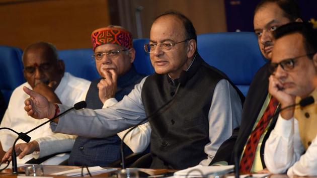 Union finance minister Arun Jaitley addresses a press conference after the Union Budget 2018-19 on Thursday.(PTI Photo.)