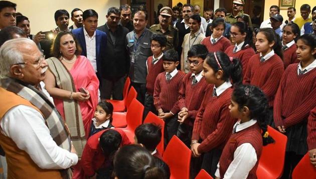 Haryana chief minister Manohar Lal Khattar interacting with students and staff. (PHOTO: Sourced) Haryana chief minister Manohar Lal Khattar interacting with students and staff. (PHOTO: Sourced)