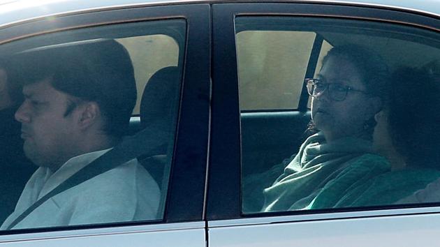 CM Vasundhara Raje leaves the CM’s residence with her son and MP Dushyant Singh (front seat) in Jaipur on Friday. (Himanshu Vyas/HT Photo) CM Vasundhara Raje leaves the CM’s residence with her son and MP Dushyant Singh (front seat) in Jaipur on Friday. (Himanshu Vyas/HT Photo)