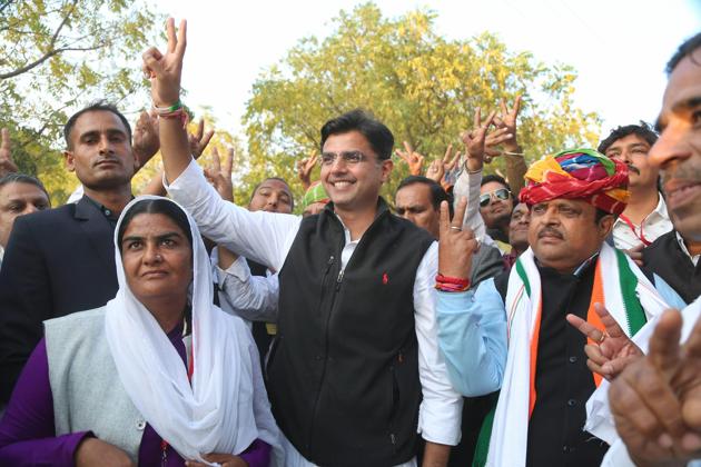 Rajasthan Congress Chief Sachin Pilot and Congress candidate Raghu Sharma flash victory sign after latter's victory in Ajmer bypoll election, in Ajmer on Thursday. (PTI) Rajasthan Congress Chief Sachin Pilot and Congress candidate Raghu Sharma flash victory sign after latter's victory in Ajmer bypoll election, in Ajmer on Thursday. (PTI)