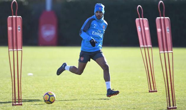 Pierre-Emerick Aubameyang of Arsenal during his 1st training session at Colney on Thursday. (Arsenal FC via Getty Images) Pierre-Emerick Aubameyang of Arsenal during his 1st training session at Colney on Thursday. (Arsenal FC via Getty Images)
